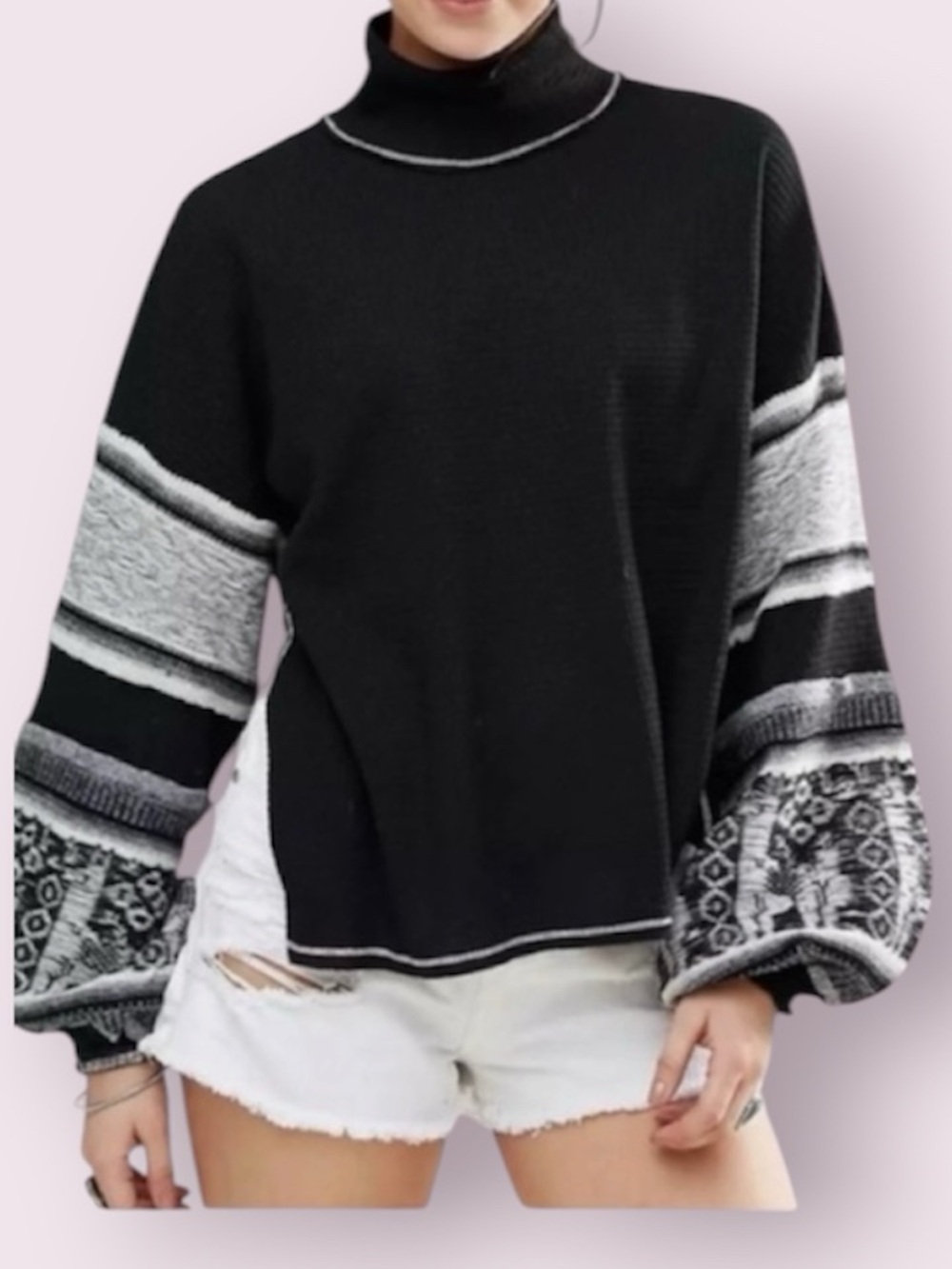 Free People Northern Lights Waffles Knit Top Sweater Sleeves Black Size Small